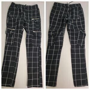 Hot Topic Pants SZ M Straight Cargo Black White Plaid Grid Grunge High Rise Punk